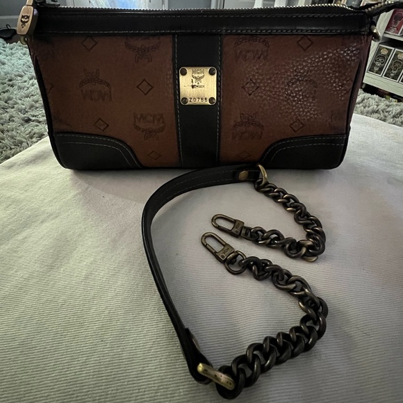 MCM Handbag Brown Black Leather Satchel Visetos Chain Strap Zip Clutch Purse - Picture 14 of 14